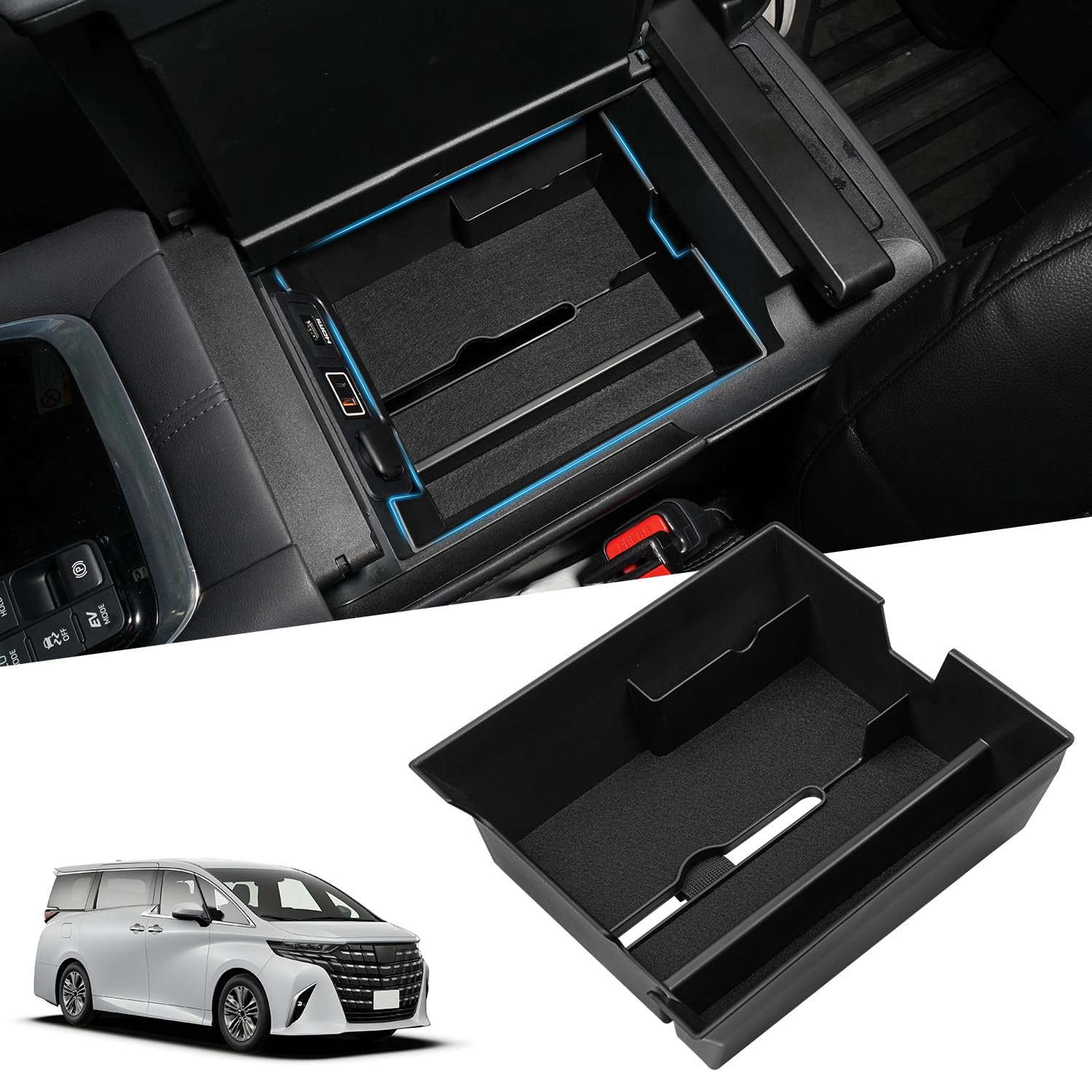 【送料無料】LIMSTYLE 内蔵型コンソールボックス コンソールトレイ 収納ボックス ラバーマット付き 車内収納ボックス コンソールトレイ 車種専用設計 小物入れ 滑り止め ラバーマット付き 装着 色：ブラック、サイズ：トヨタ アルファード 40系に適合(ティッシュタイプ)
