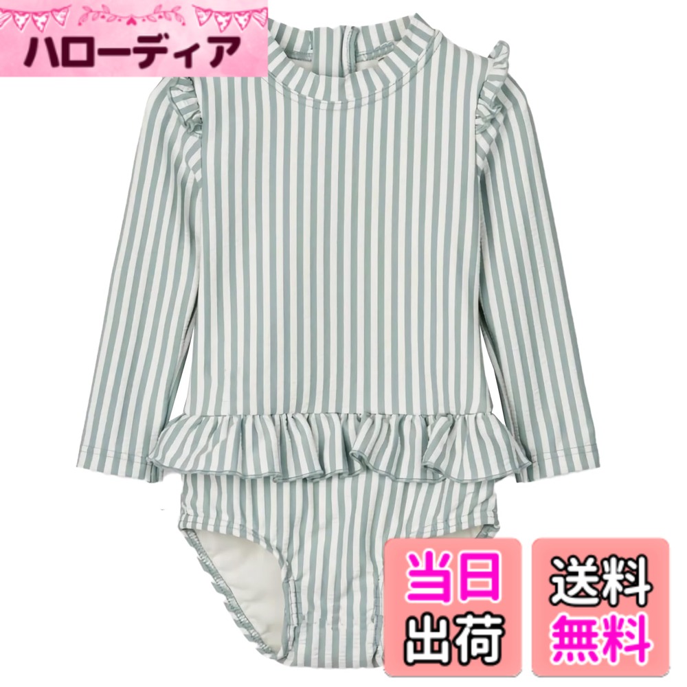  キッズ ワンピース水着 女の子 2点セット 長袖ラッシュガード キャップ付き 80-130cm 子供用 小学生 スイムウェア 赤ちゃん ベビー水着 オールインワン 幼児 幼稚園 保育園用 日焼け止め 色：グリーン・ストライプ、サイズ：80 Regular