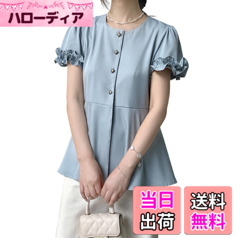 【送料無料】[KEQIKAI] レディース トップス 夏 体型カバー シフォン風トップス プリンセススリーブ 半袖 ノンアイロン シャツ ファッション レディース 着痩せ 普段 薄手 おしゃれ 通勤 オフィス 抗菌加工 3色展開 M-XL 色：ブルー、サイズ：L hellodear-10770179 ハローディア楽天市場店 パッケージ画像