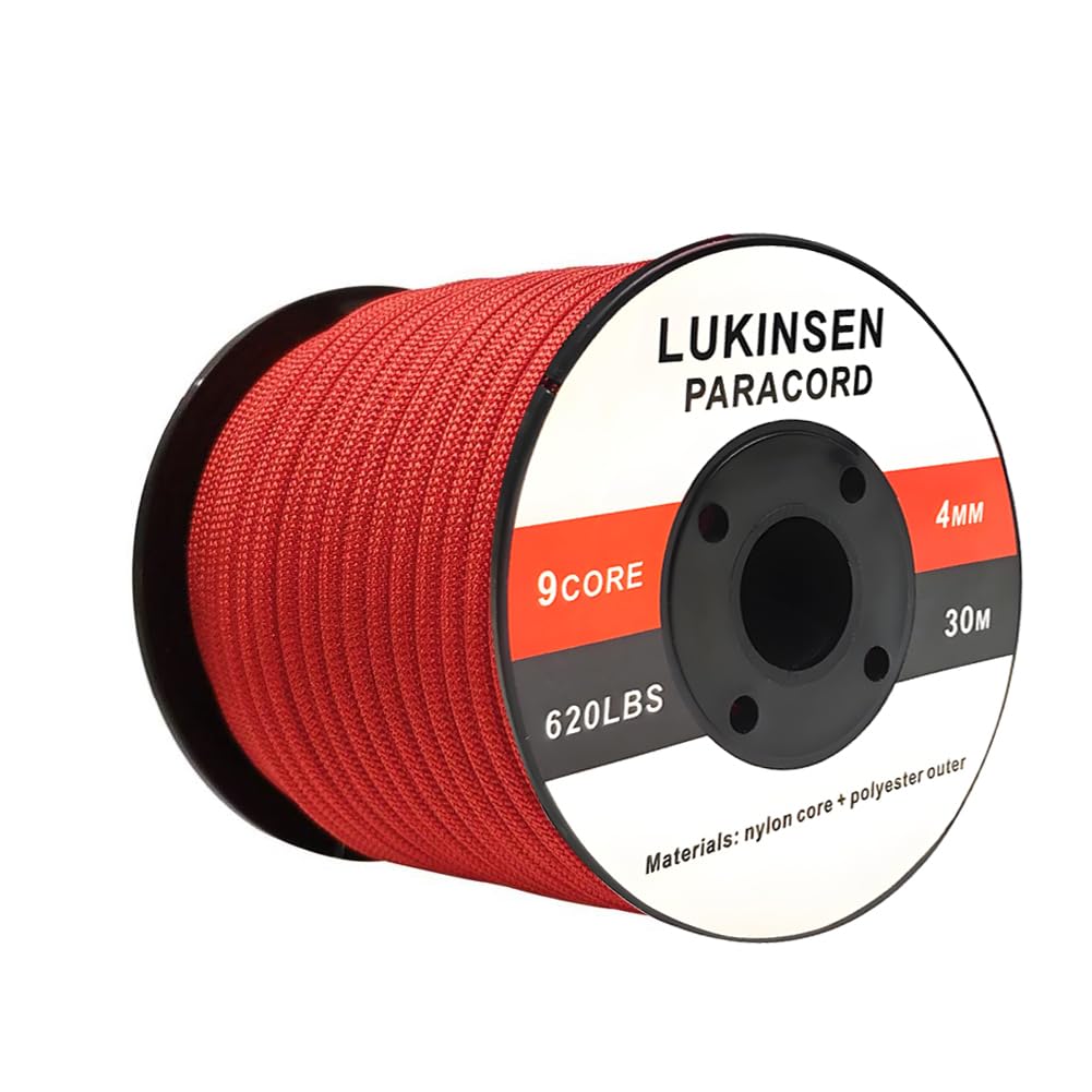 【送料無料】Lukinsen パラコード 9芯 4mm 15m/30m/50m パラシュートコード 耐荷重280kg ガイロープ テントロープ キャンプ アウトドア アクセサリー制作用 色：レッド サイズ：15m