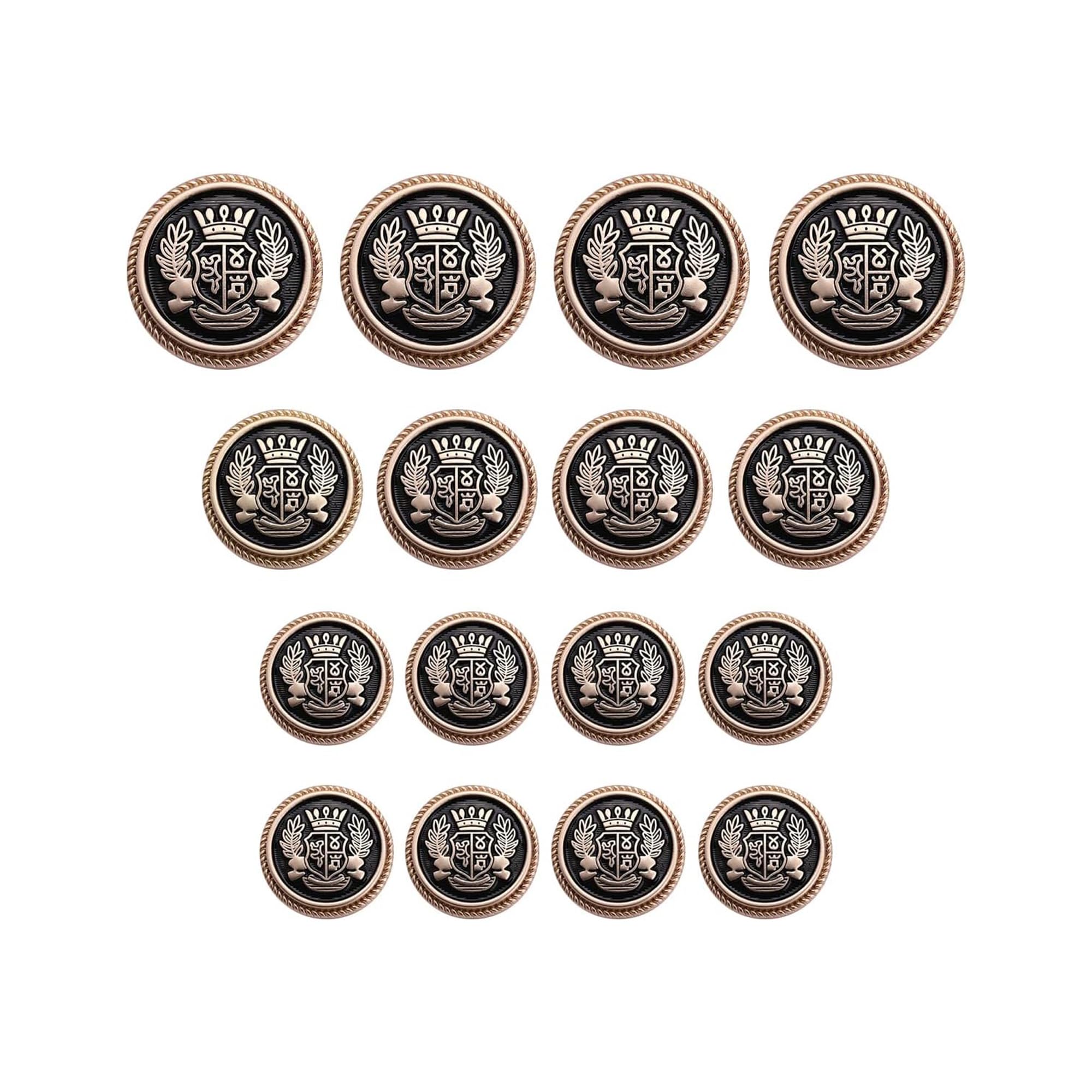 【送料無料】DEVENTORZ ブレザー ボタン 16個セット 直径15mm/20mm/25mm アンティーク メタルボタン 交換 補修 学生服/スーツ/ブレザー用/コートなど 洋服用 袖口 金 アクセサリー セット DIY 手作り おしゃれ 麦穂バッジ 装飾 色：黒*ゴールド、サイズ：15mm/20mm/25mm