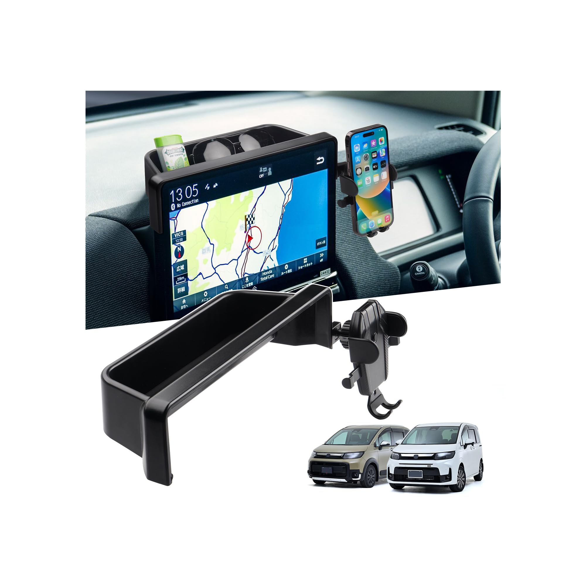 【送料無料】LIMSTYLE ダッシュボードボックス 車内収納トレイ 3Dトレイ スマホホルダー付き 360度回転 片手操作 ワンタッチ開閉 小物入れ 車種専用 収納 滑り止め ラバーマット付き 内装 パーツ 色：ブラック、サイズ：ホンダ 新型 フリード GT型 11.4インチナビに専用