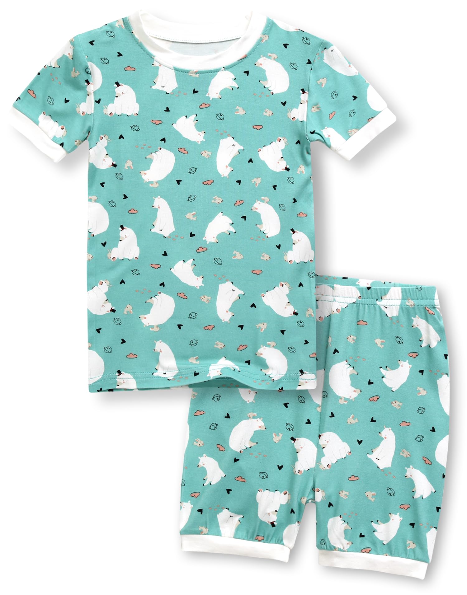 子供キッズ1-8歳 半袖パジャマ寝間着ルームウェア上下セット ビスコース Shirring Colorful 色：A06-Rabbit Bear、サイズ：120