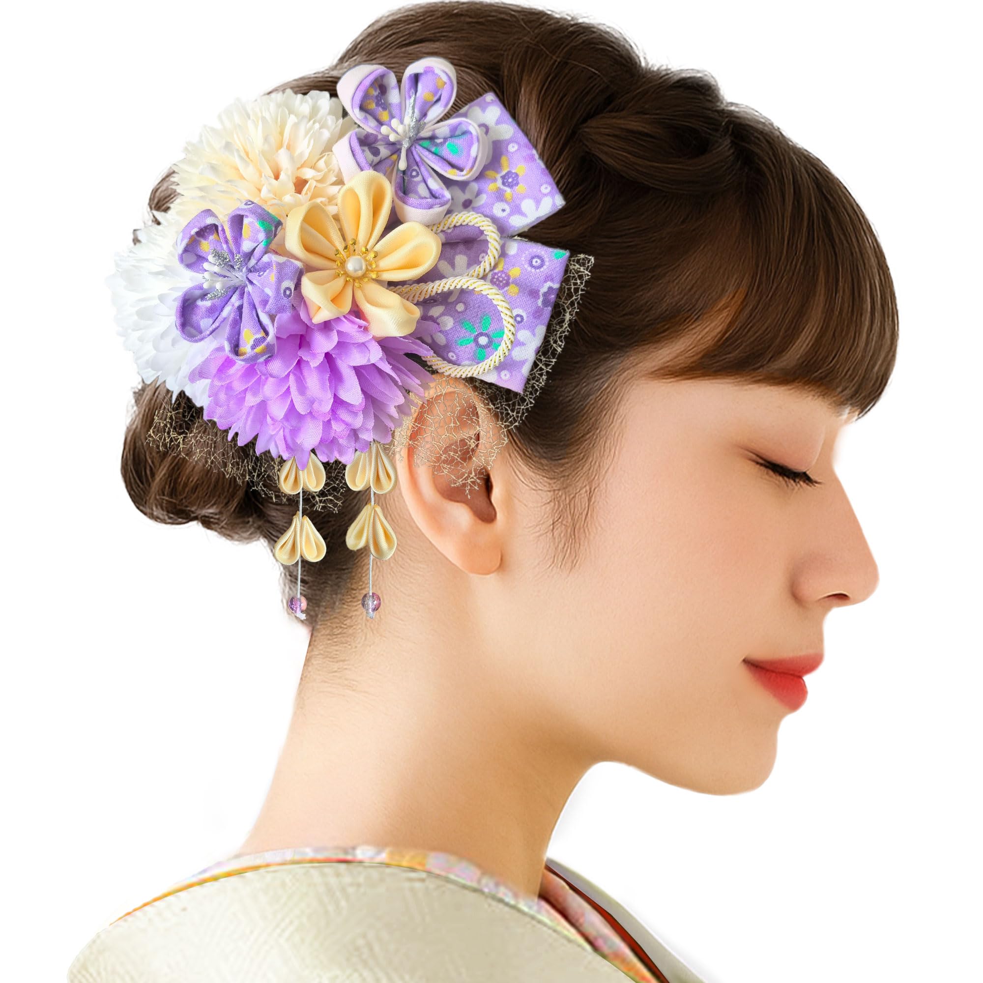 【送料無料】[JZOON] 浴衣 髪飾り つまみ細工 桜デザイン ピンポンマム 可愛い 鈴付き 成人式 袴 着物 振袖用 和装 花 手作り 専用ケース付き 卒業式 赤 B1001 色：紫