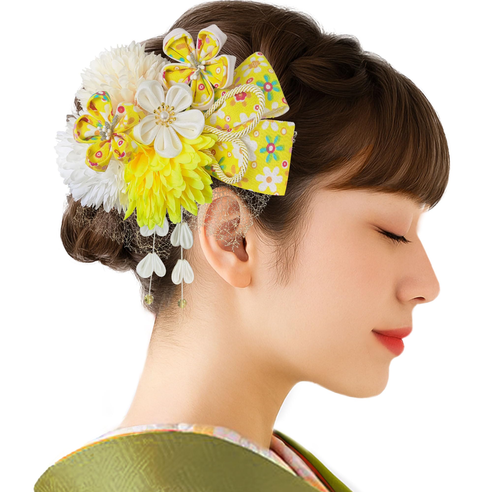 【送料無料】[JZOON] 浴衣 髪飾り つまみ細工 桜デザイン ピンポンマム 可愛い 鈴付き 成人式 袴 着物 振袖用 和装 花 手作り 専用ケース付き 卒業式 赤 B1001 色：黄