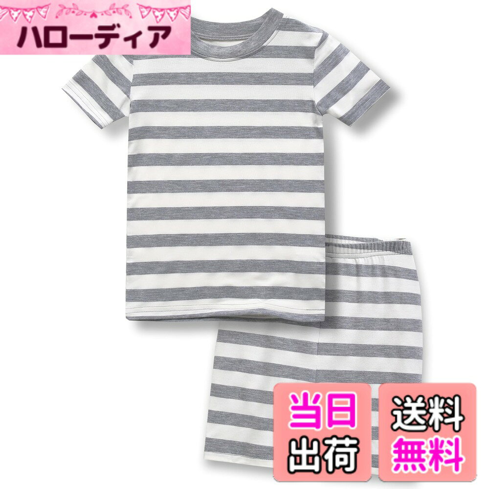  6ヶ月-12歳 ベビー キッズ 子供 女の子 男の子 半袖 パジャマ ボーダー ストライプ ビスコース 夏ショットルームウェア 上下セット 色：C05-Simple Whitegrey、サイズ：110