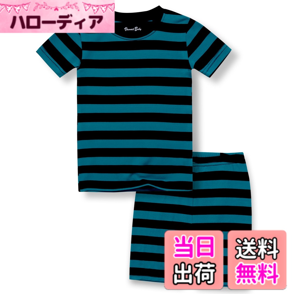  6ヶ月-12歳 ベビー キッズ 子供 女の子 男の子 半袖 パジャマ ボーダー ストライプ ビスコース 夏ショットルームウェア 上下セット 色：C01-Simple Blackpeacock、サイズ：90
