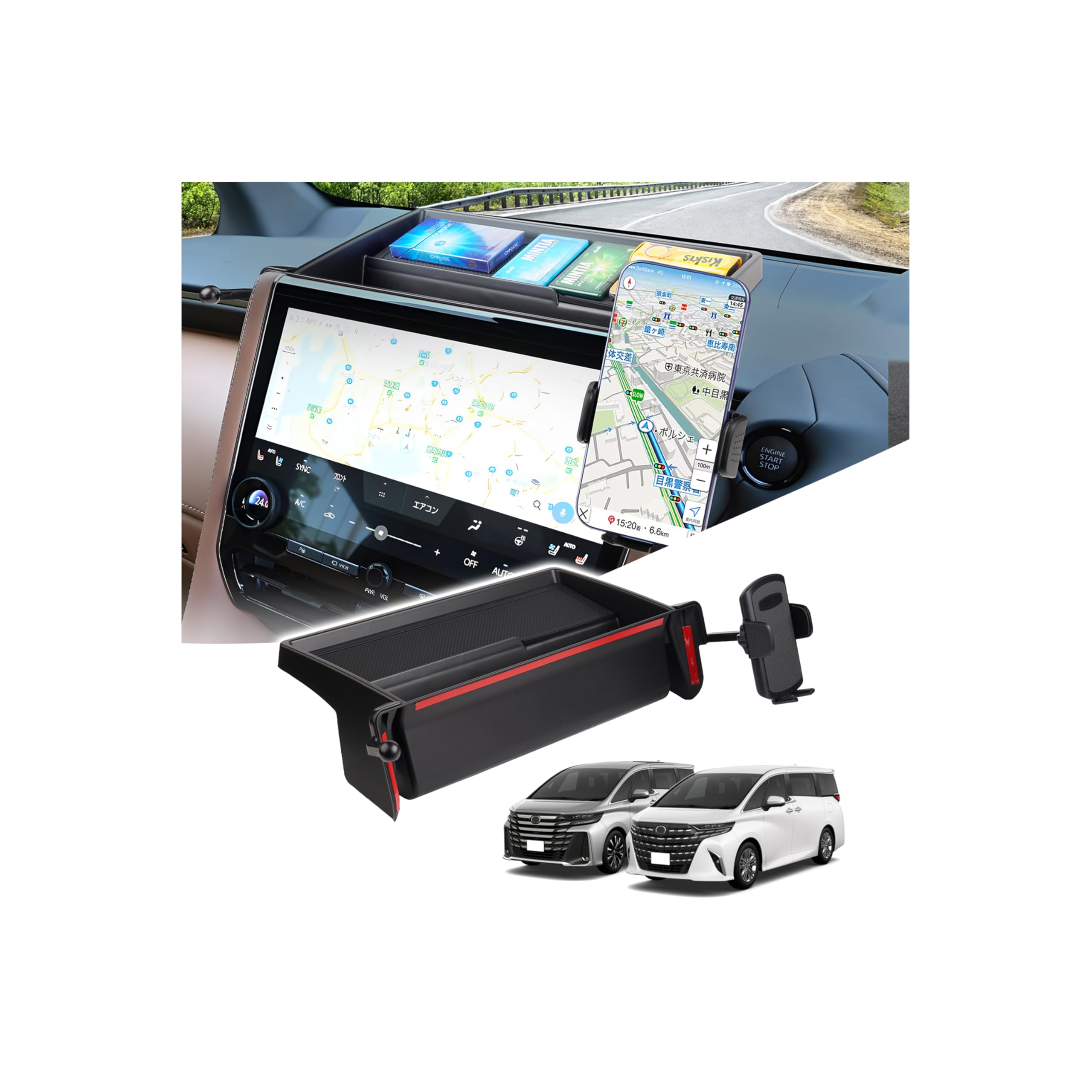 【送料無料】LIMSTYLE ダッシュボードボックス 車内収納トレイ 3Dトレイ スマホホルダー付き 360度回転 片手操作 ワンタッチ開閉 小物入れ 車種専用 収納 滑り止め ラバーマット付き 内装 パーツ 装着簡単 サイズ：トヨタ 新型 アルファード ヴェルファイア 40系に専用