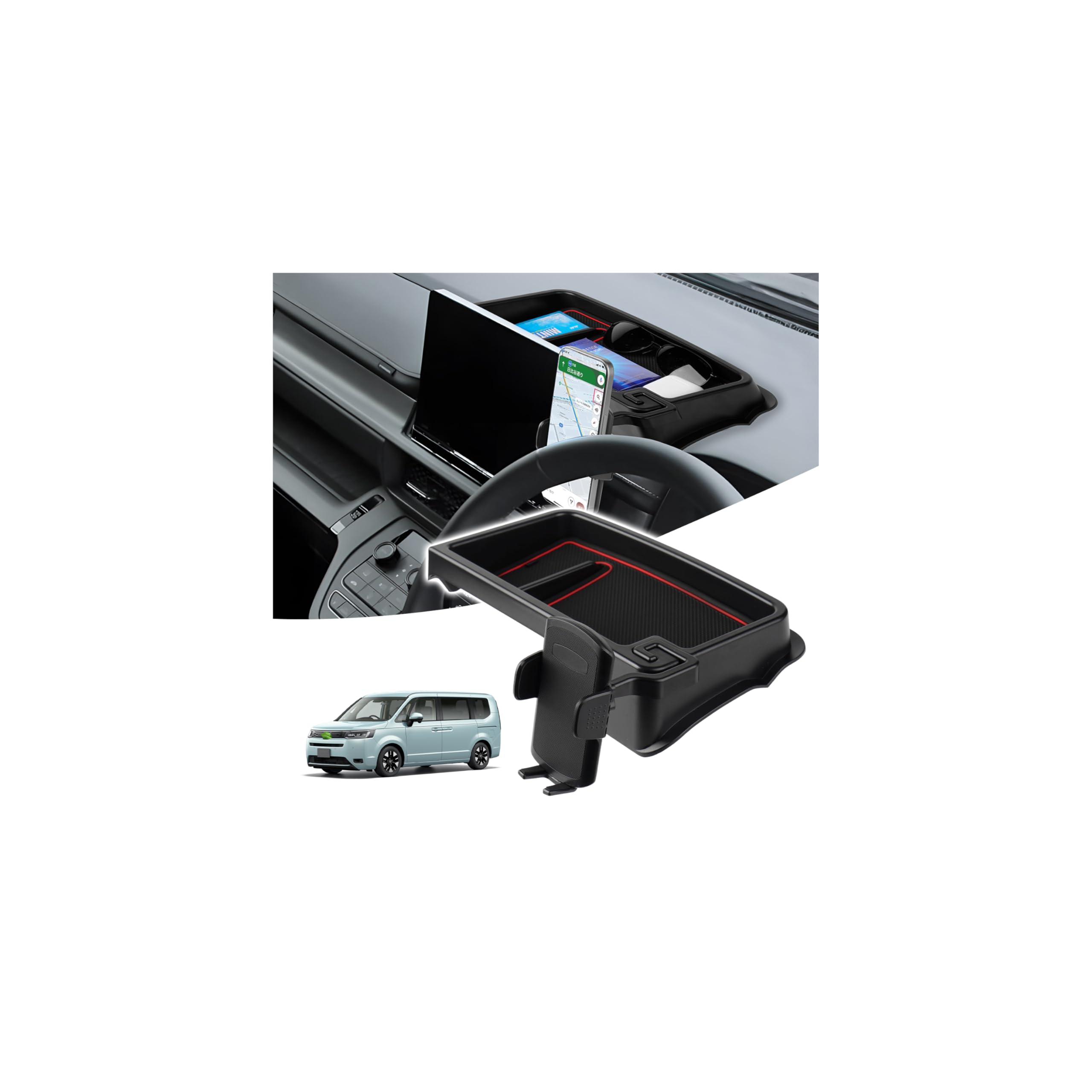 【送料無料】LIMSTYLE ダッシュボードボックス 車内収納トレイ 3Dトレイ スマホホルダー付き 360度回転 片手操作 ワンタッチ開閉 小物入れ 車種専用 収納 滑り止め ラバーマット付き 内装 パーツ 装着簡単 サイズ：ホンダ 新型 ステップワゴン rp系に専用