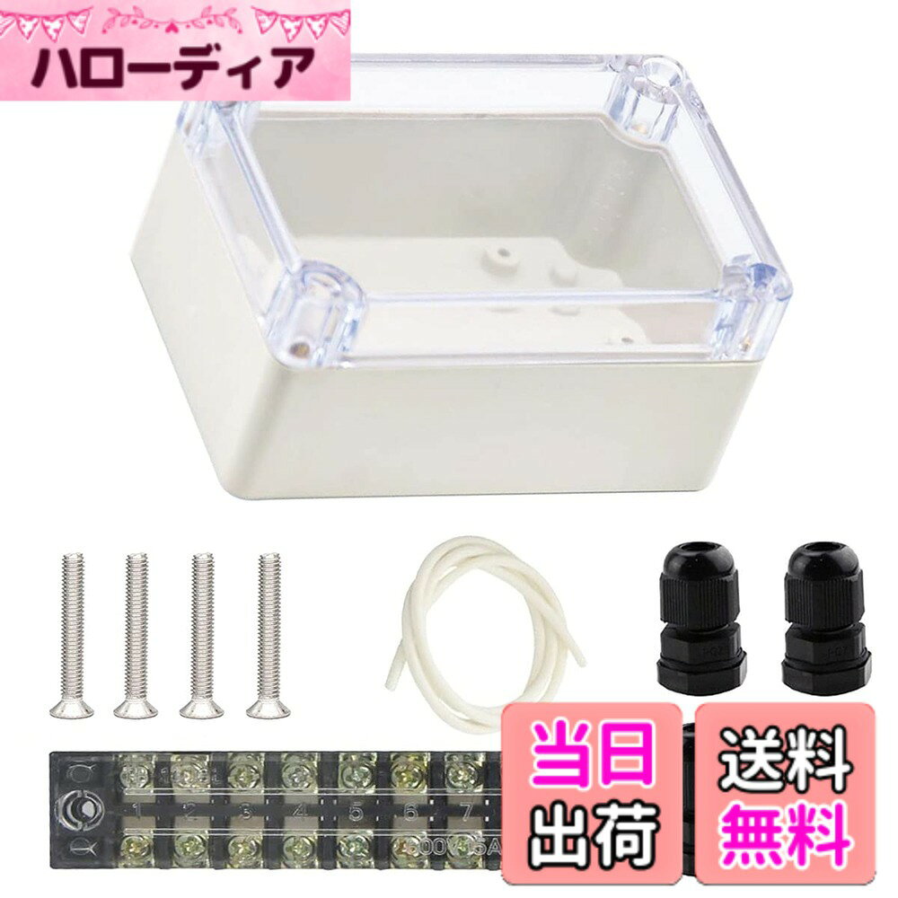 商品情報商品の説明説明： 材質：ABS 防水等級：IP65 外寸：100 x 68 x 50mm / 3.9 x 2.7 x 2インチ（LxWxH） 内寸：93 x 60 x 45mm / 3.6 x 2.3 x 1.7インチ（LxWxH） 平均壁厚は0.12インチ（3mm） 付属パッケージ： 1 xABSプラスチックジャンクションボックス 1 x 8P端子台 4 xPG7ケーブルグランド主な仕様 【素材】：高品質のABS素材で作られており、優れた断熱性、耐久性と頑丈さ、穴あけが簡単【機能】：防水等級：IP65;ほこり、腐食、水しぶきから保護してください。【サイズ】：外寸：100x68x50mm / 3.9x2.7x2インチ（LxWxH）;内寸：93 x 60 x 45mm / 3.6 x 2.3 x 1.7インチ（LxWxH）;平均壁厚は0.12インチ（3mm）です。【用途】：電子プロジェクト、計器エンクロージャ、電源ユニット、温度調節ボックスなどに幅広く使用されます。【パッケージ内容】：1xABSプラスチックジャンクションボックス100x 68 x 50mm、1 x 8P端子台、4 xPG7ケーブルグランド