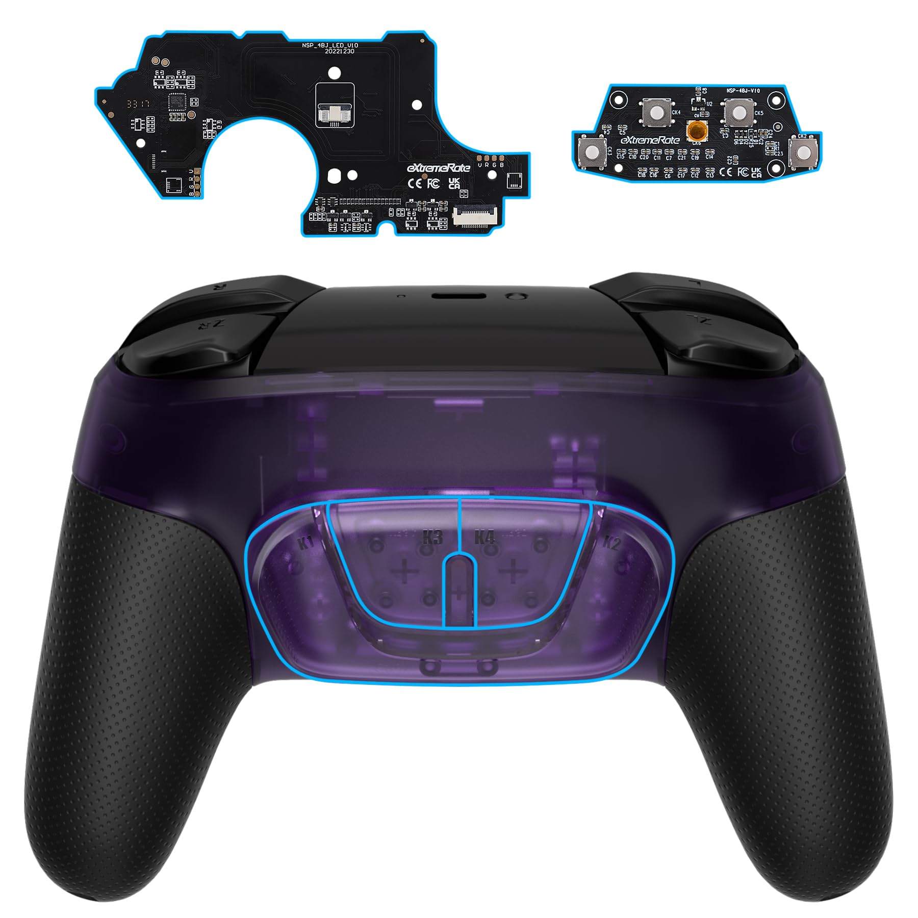 【送料無料】背面ボタン付きコントローラーではない-eXtremeRate Switch Proコントローラーに対応用プログラムできるRISE4リマップキット（自分で組み立てキット）、Nintendo Switch Proコントローラーに対応用アップグレードボート＆ 色：クリア・アトミック・パープル