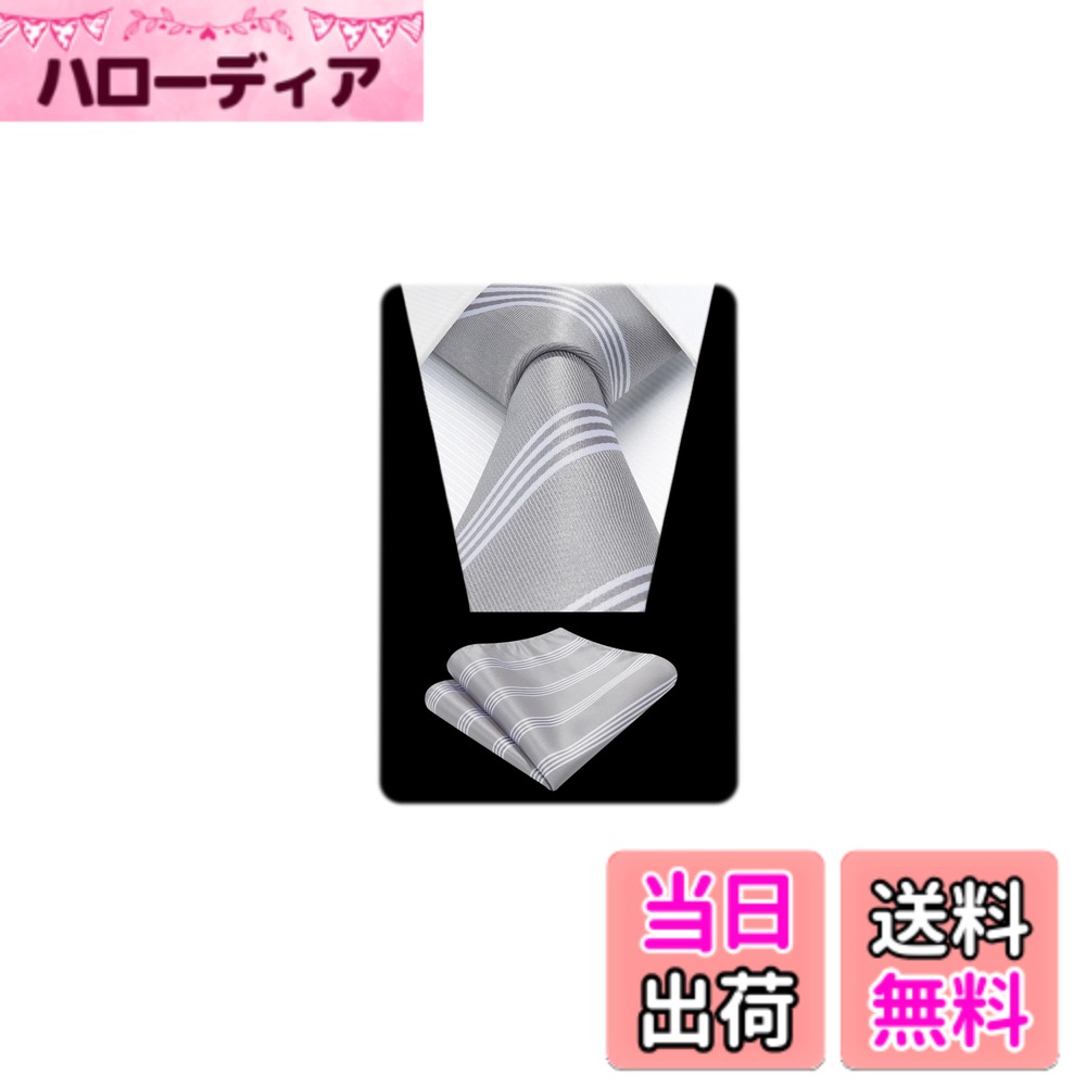 【送料無料】[HISDERN] 【在庫一掃セール】 ビジネス ネクタイ チーフ セットメンズ 幅8.5cm ストライプ チェック ドット柄 イージーケア 洗える ブランド品 結婚式 就活 卒業式 入学式 二次会 43柄 色：02シルバー・ホワイト(ストライプ)、サイズ：Free Size