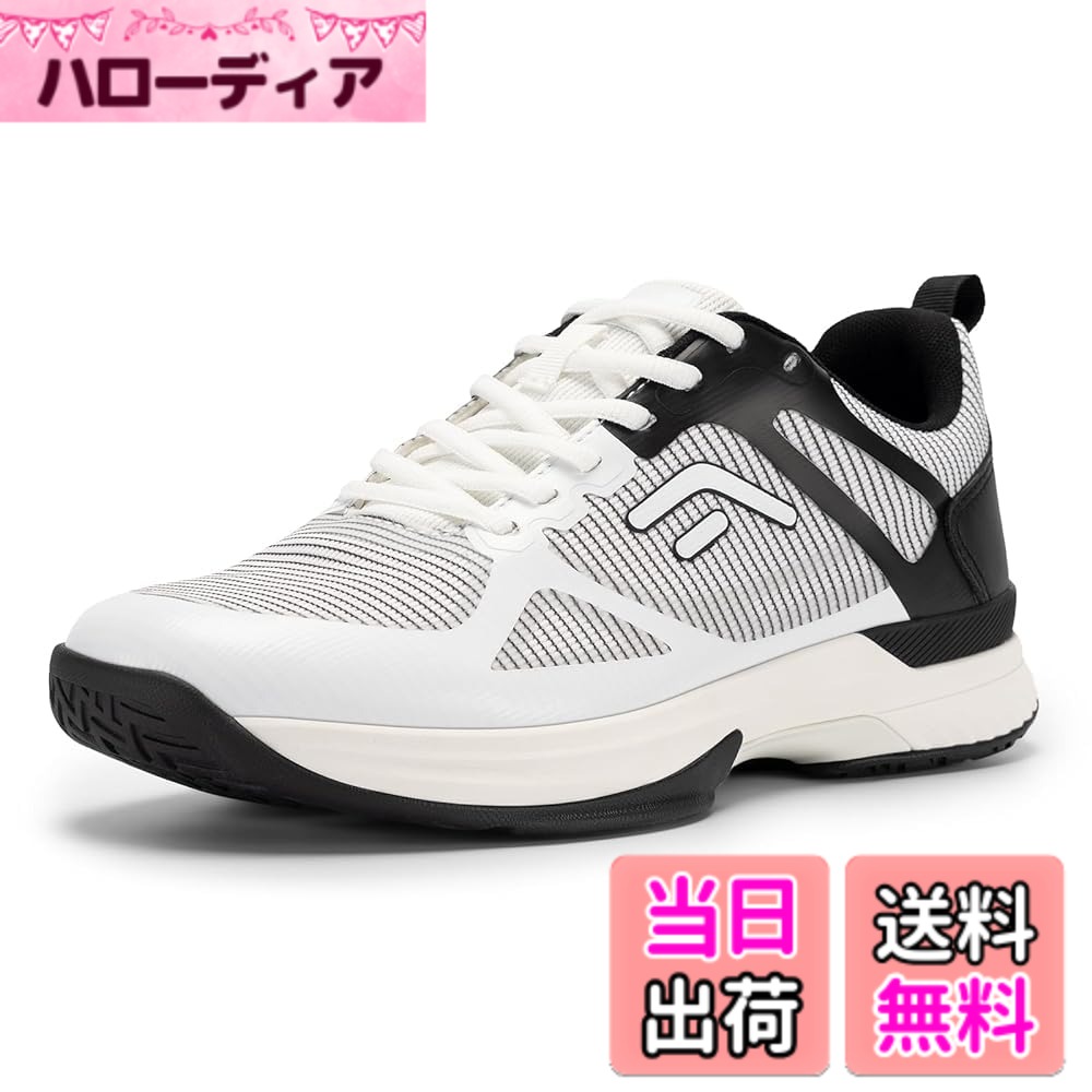 【送料無料】[FitVille] テニスシューズ メンズ 幅広 2E 4E オムニクレーコート 軽量 通気性 ソフトテニス シューズ 滑り止め 高いグリップ力 高機能 甲高 色：ホワイト/ブラック、サイズ：27.5 cm4E
