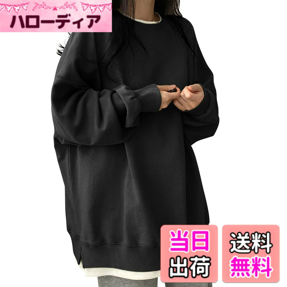 【送料無料】[AOY] トレーナー レディース 長袖 トップス 【オーバーサイズx着せ・重ね着風】 体型カバー 大きいサイズ ゆったり レイヤード スリット 色：ブラック、サイズ：L