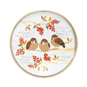 アデリア 吉祥花鳥 雀と南天 丸皿 6844 【スズメ 日本製 食器 絵皿 ガラス食器 化粧箱入 石塚硝子 おしゃれ 和風 贈答 ギフト】