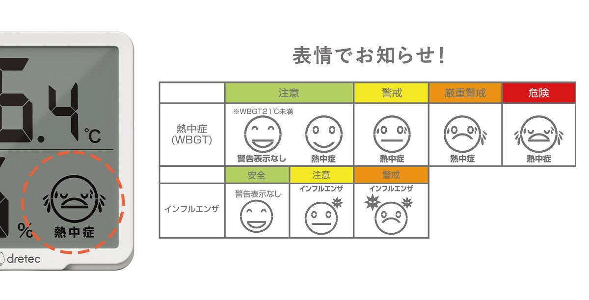 ドリテック デジタル温湿度計 リテーモ ホワイト O-449 WT 【dretec 温度 湿度 計測 目安 表情 警告 注意 夏 暑さ 対策 大画面 見やすい】 [3]