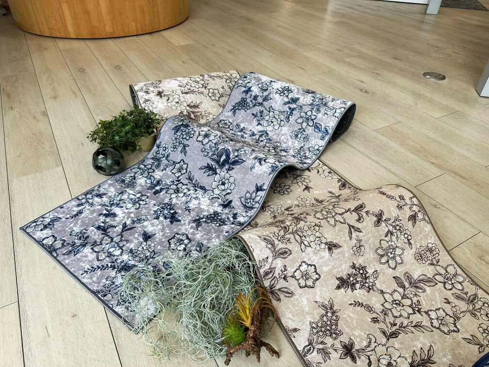 ヨコズナ インテリアマット サラサ ブルーグレー 45×180cm 【滑り止め加工 洗える キッチンマット すべり止め 丸洗い ラグ 台所マット キッチンマット おしゃれ 華やか】