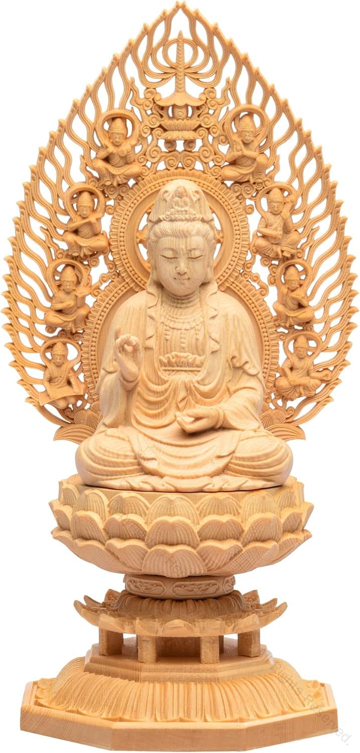 仏像 仏壇仏像 観音菩薩 観音像 桧木製 木彫り置物 飛天光背 八角台座 厄除け祈る 高さ28cm 幅12cm 奥..