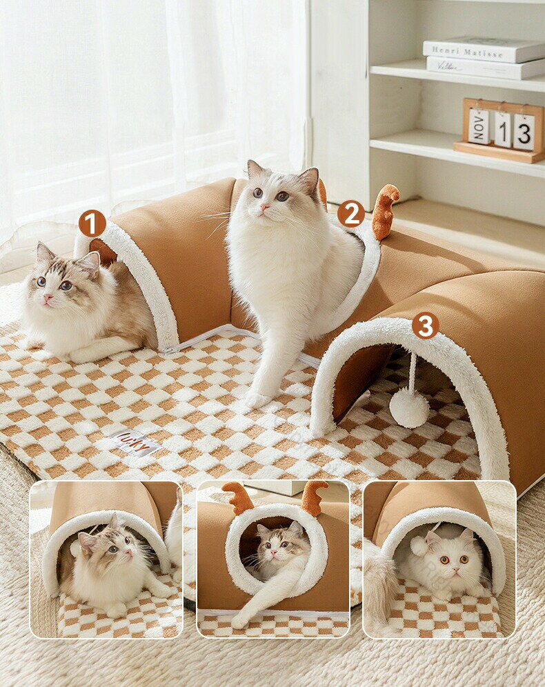 猫遊宅 L型 猫トンネル マット おもちゃ ネコの寝袋 ねこベッド ポンポン付き ふわふわ素材 キャットトンネル 収納便利 折りたたみ可能 ペット用品 人気の遊び場兼寝床