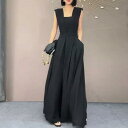 サロペット オールインワン コンビネゾン ワンピース レディース ノースリーブ ロング丈 ブラック 黒 春夏秋 大人 エレガント きれいめ カジュアル おしゃれ 可愛い フェミニン かっこいい シンプル 韓国 体型カバー 20代向けファッション