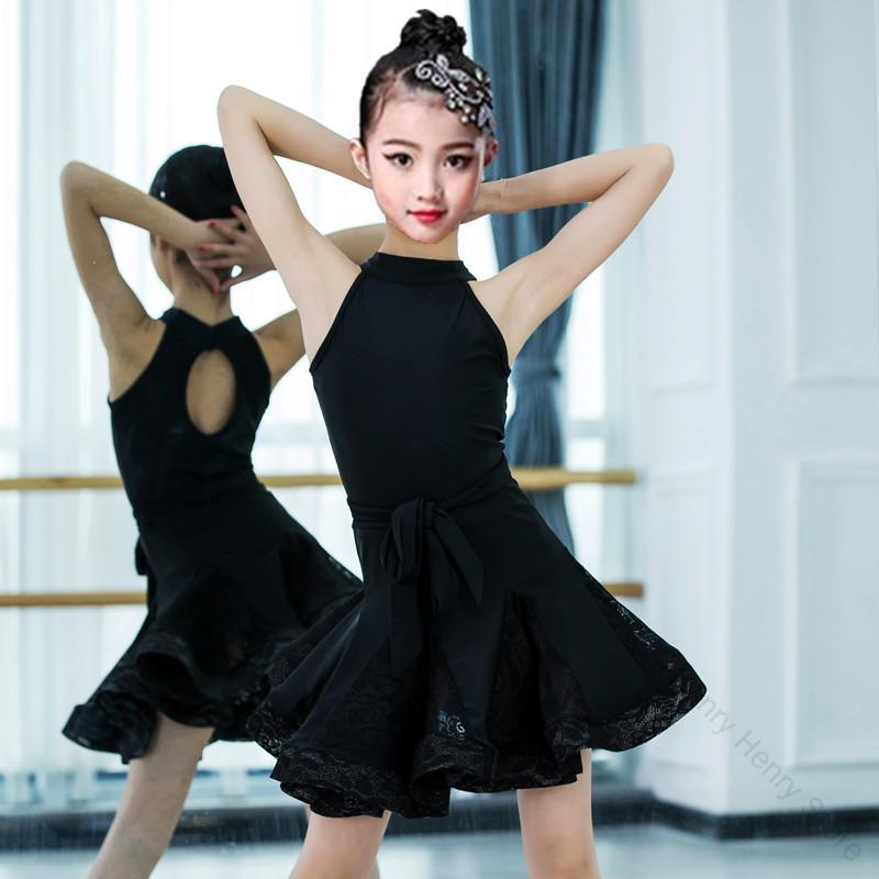 ラテンダンス 衣装 キッズ 女の子用 高伸縮性 練習着 レッスンウェア 発表会 競技会 スタンダード プロ仕様 検定用 ステージ衣装 ブラック 黒 再生繊維素材 子供用