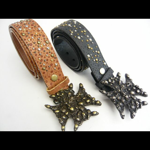 【牛皮】鋲打ちベルト【クロスバックル】/デザインベルト/ロック調ベルト/鉄十字バックル/