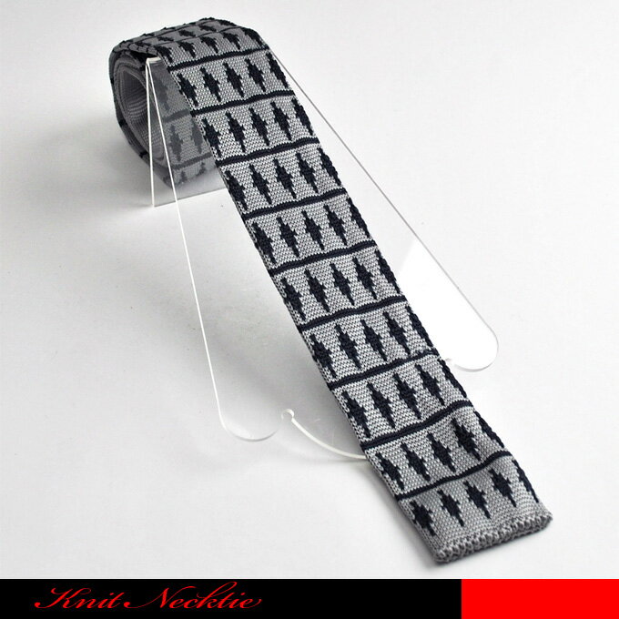 グレー地に文様。【メール便可3】☆ニットタイ/ニットネクタイ/ブラック・ホワイト/ドット/ボーダー/クールビズ/ナロー/