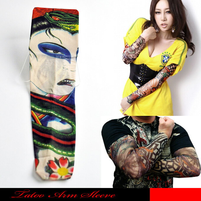 タトゥー柄がプリントされた御洒落なアームカバーです。蛇女のモティーフのTATOO　SLEEVE.。【メール便可1】☆タトゥーアームカバー/アームカバー/日焼け止めカバー/タトゥーカバー　/タトゥーシール/タトゥースリーブ/