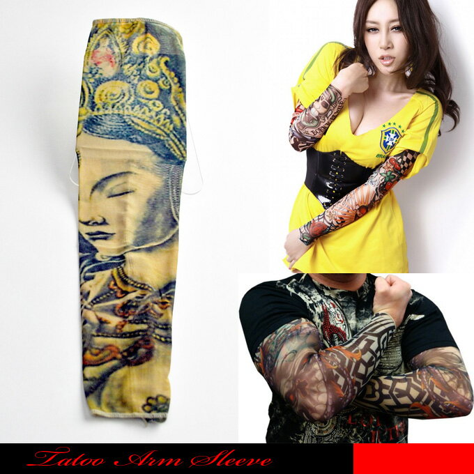 タトゥー柄がプリントされた御洒落なアームカバーです。静が感じられる観音様のTATOO SLEEVE.。【メール便可1】☆タトゥーアームカバー/アームカバー/日焼け止めカバー/タトゥーカバー /タトゥーシール/タトゥースリーブ/