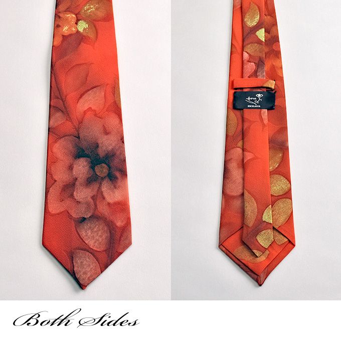 大きな花模様で落ち着きのあるアートネクタイです。☆着物ネクタイ/和柄ネクタイ/シルクネクタイ/花ネクタイ/アートネクタイ/ろうけつ染め/日本土産/