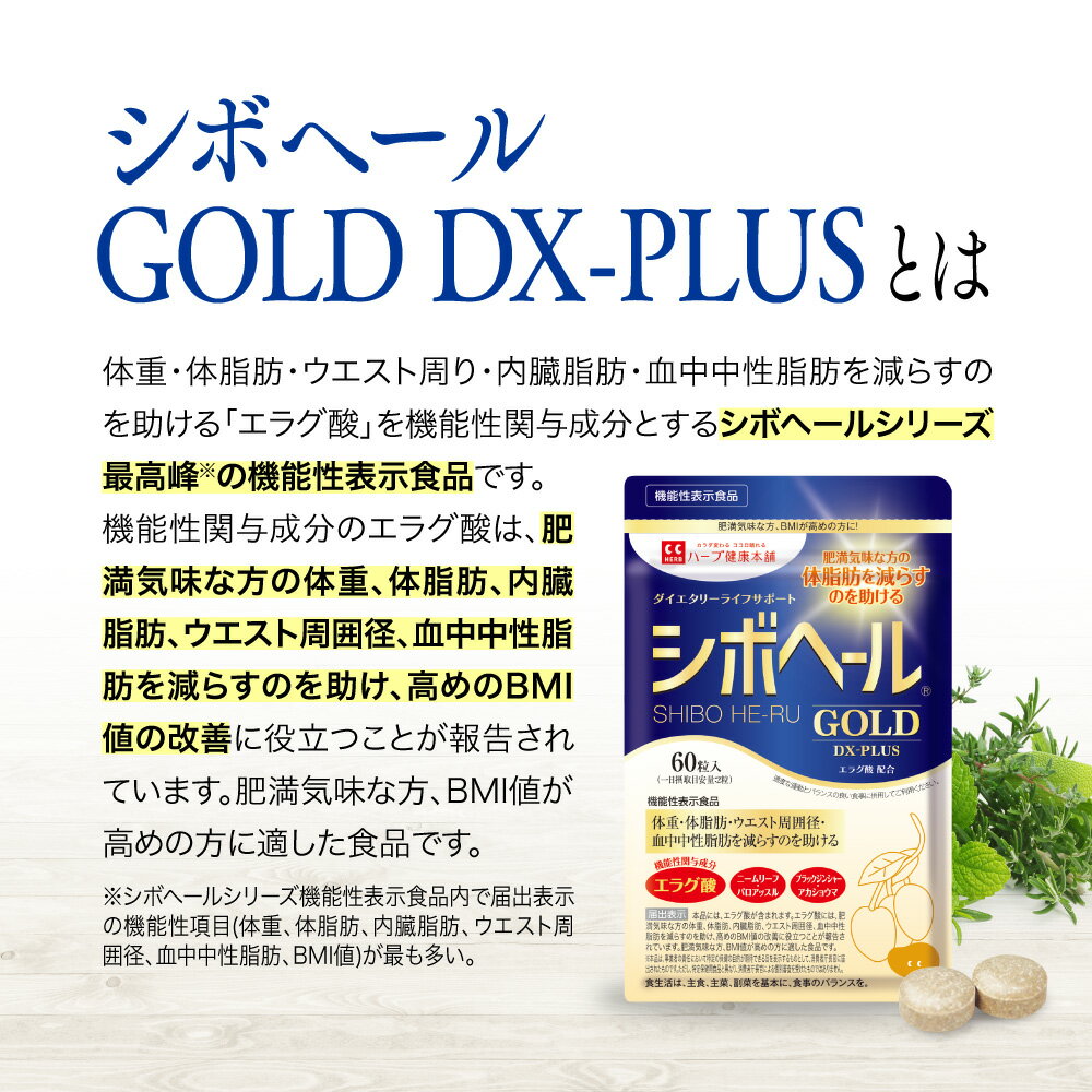 最大P20倍！ 9日20時~ /【公式】 シボヘール GOLD DX-PLUS 機能性表示食品 約30日分 ダイエタリーライフサポート サプリメント サプリ BMI 体重 皮下脂肪 内蔵脂肪 体脂肪 肥満気味 エラグ酸 【ハーブ健康本舗】 3