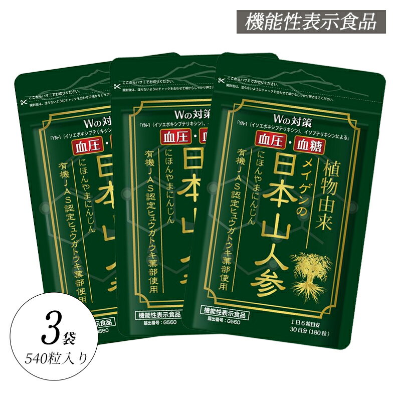 ＼マラソン期間 最大P19倍／血圧 血糖値 を下げる サプリメント 機能性表示食品 日本山人参 3袋 540粒 / 宮崎県栽培 カルシウム マグネシウム マンガン リン 亜鉛 有機JAS ヒュウガトウキ 高血圧 ダイエット