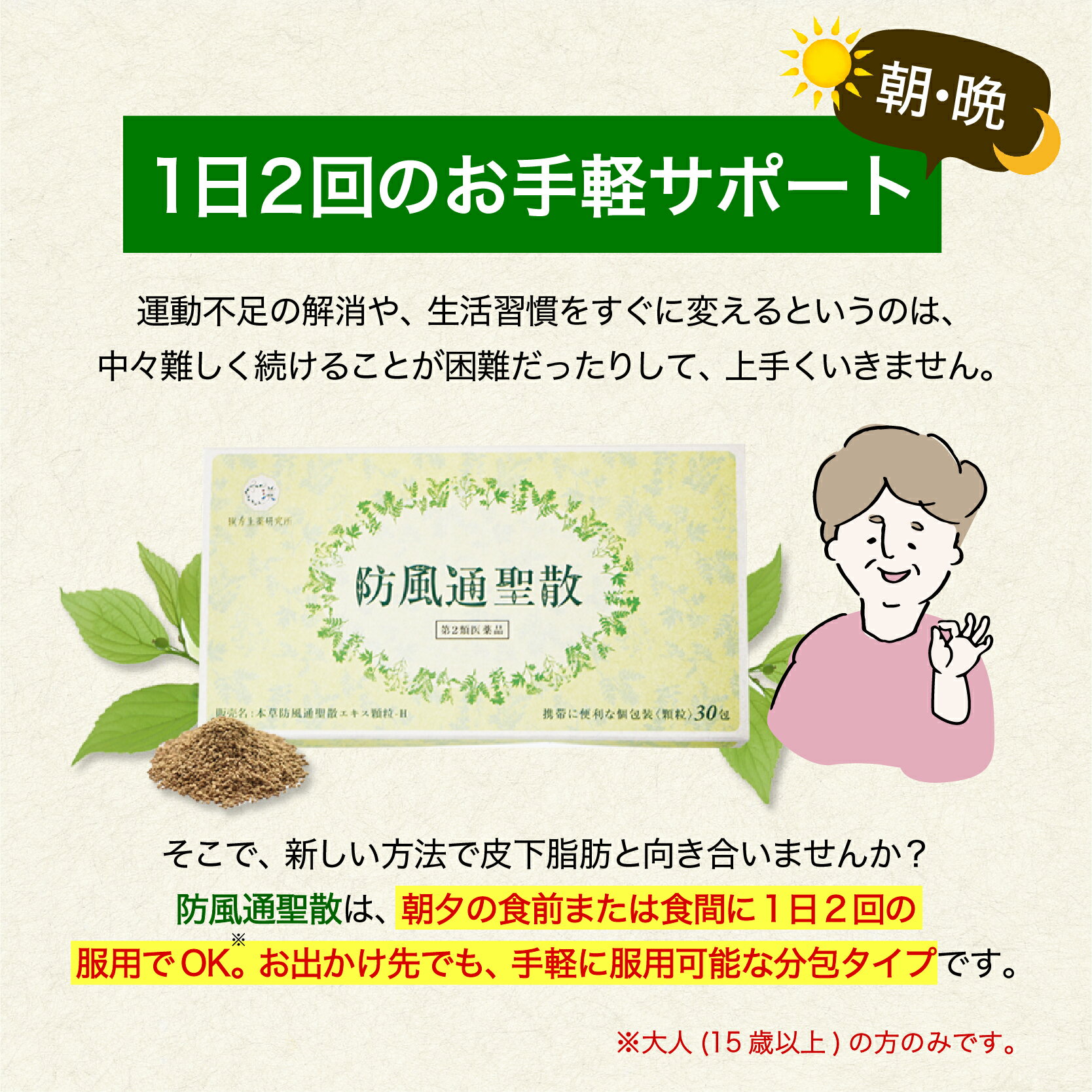 漢生爽楽の漢方ダイエット「防風通聖散」は朝夕の食前または食後に1日2回の服用だけでOK