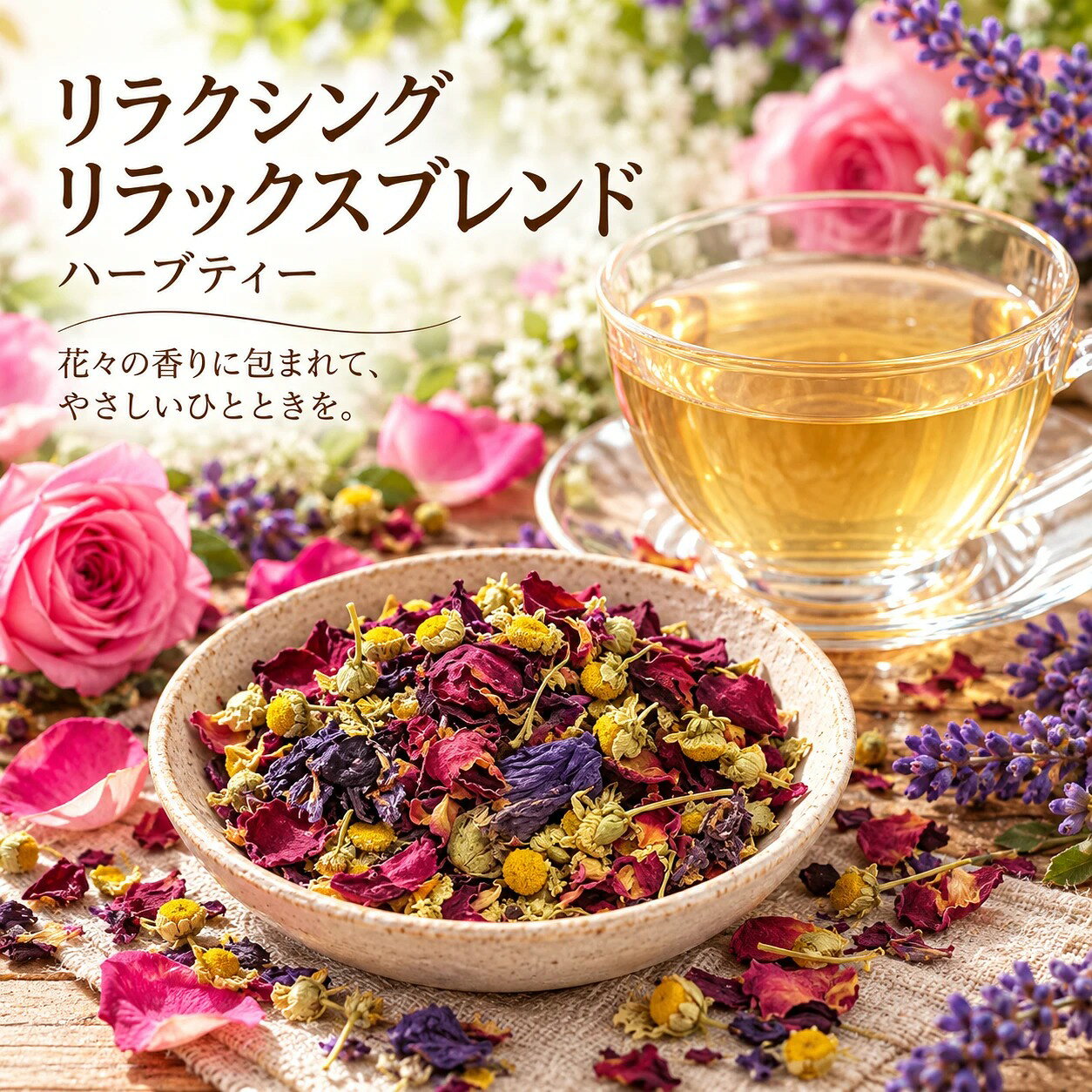 商品情報商品名リラクシング リラックスブレンド ハーブティー内容量20g／100g（お選びいただけます）ブレンド内容ローズレッド、カモマイルジャーマン、コモンマロウ、ラベンダーお召し上がり方カップ一杯につき小さじ1杯のハーブを入れ90度前後のお湯を注いで2〜3分蒸らしてください。ワンポイントアドバイス♪沸騰したお湯を使用するとハーブの風味が損ないますのでご注意ください。あらかじめカップとティーポットを温めておくと一層美味しくいただけます。おススメシーンお休み前・ヨガなどの瞑想前後・お仕事の間の脳の休憩時＊お子様からお年寄りまで安心してご飲用いただけます。ブレンド特徴リラックス効果が高いハーブのブレンドです。女性にはうれしい美肌効果が高いハーブを使用しておりますのお休み前に毎日お飲みいただくことをおススメします。残ったお茶をローションとしてお顔にパッティングして余すことなくご使用ください。キーワードリラックス 瞑想 ヨガ 美肌 ナイトティー 化粧水 ローション安全管理へのこだわり安全性で選んでくださいH&Aでご紹介するドライハーブは、世界各地の適地ごとに厳選し、ハーブティーにしたときの水色・香り・味わいなど、あらゆる品質にこだわったハーブです。ハーブは食品としての輸入が法律で義務づけられているわけではありませんが、私たちは食品として正式に輸入が認められた、安全なハーブだけを取り扱っています。ハーブの多くは日本では栽培できず、原産地だからこそ良いバランスで成分を含んでいます。だからこそ世界各地から輸入していますが、どの国も日本と同じ環境・モラルで生産しているとは限りません。輸入野菜の残留農薬が話題になったように、せっかくのハーブが農薬漬けでは意味がありません。安全にこだわってこそ、本当に楽しめるハーブになる――だからこそ、食品として輸入が認められたハーブであることを大切にしています。ハーブの処理日本に輸入後は低温・低湿度の倉庫で保管し、フルイ選別・風力選別・目視選別を一つひとつ丁寧に行っています。こうしてこだわり抜いた安全なハーブを、どうぞ安心してお求めください。なお、昨今話題になる「脱法ハーブ・合法ハーブ」と、当店がご紹介する「ハーブ」はまったく別のものです。リラクシング リラックスブレンド ハーブティー 茶葉 ローズレッド カモマイルジャーマン コモンマロウ ラヴェンダー 美肌 安眠 お休み前 ブレンドティー ギフト ブレンドティー 癒しのひと時 一日の終わりにリラックスタイム♪ ハーブティー 茶葉 安眠サポート やさしい香り 美肌 ノンカフェイン一日の終わりに、ほっとひと息つきたい方に寝る前のリラックスタイムに。やさしい香りで心と身体をゆるめてくれる一杯です。お肌にうれしいハーブもブレンドリラックス効果だけでなく、美肌ケアを意識したハーブも一緒に楽しめます。カモマイルジャーマンってどんなハーブ？りんごのような甘い香りが特徴で、ヨーロッパでは昔から「おやすみ前のお茶」として親しまれてきたハーブ。やさしい味わいで、寝る前にもぴったりです。ラヴェンダー＆ローズレッドの癒し香りの女王と呼ばれるラヴェンダーに、華やかなローズレッドを合わせました。見た目にも美しいブレンドで、香りと水色の両方でリラックスタイムを演出します。コモンマロウってどんなハーブ？「夜明けのハーブ」とも呼ばれるコモンマロウ。粘り気のある成分を含み、のどやお肌にやさしいハーブとして知られています。クセの少ないやわらかな味わいで、ブレンドになじみやすいのも魅力です。4つのハーブをブレンドした理由安眠・リラックスに役立つとされるハーブと、お肌にうれしいハーブをバランスよく配合。香り・味わい・見た目の三拍子がそろった、お休み前のご褒美ブレンドです。11