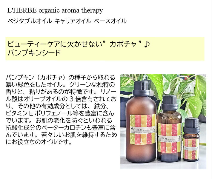 パンプキンシード 50mL カボチャ種子油 エクストラヴァージン レルブ アロマオイル オーガニック キャリアオイル ベースオイル ベジタブルオイル 植物油 希釈用オイル セラピュティックグレード スキンケア 有機栽培 ボディオイル アロマテラピー