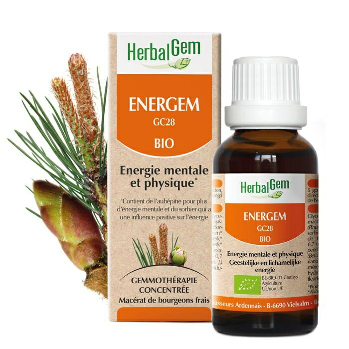 HerbalGem ジェムレメディ 新芽のエネルギー エネルジェム BIO ENERGEM エネルギッシュに、一時的な活力UP、やる気を出したいときのエナジーサポート 日中は気分が高揚していますか？　日々のエネルギー不足を感じていますか？ エネルジェムは、ヨーロッパアカマツや西洋サンザシの芽、西洋ナナカマドの葉などの新鮮なつぼみの有効成分の濃縮物が、精神的及び肉体的な一時的な疲労の場合に、すばやくエネルギー補給をサポートします。 100% 天然由来、オーガニック、ビーガンのオリジナル フォーミュラ。 新鮮なオーガニックの芽をベースにした新世代の栄養補助製品であるハーバルジェムは、毎日の身体的および精神的な健康を維持するためのナチュラルなケアとサポートを提供します。 血流に吸収される前に消化器系で分解する必要がある錠剤とは異なり、HerbalGem 液体溶液は迅速な吸収を提供するため、サプリメントが体内に容易に吸収されます。 ベルギー発、自然療法のハーバルサプリメントです。 ハーバルジェムは医薬品ではありません。 ＊重度の病気、疾患のある方は、病院での治療をお受け下さい。 &nbsp; 原材料 　*ヨーロッパアカマツの芽、セイヨウナナカマドの葉、サンザシの芽*、シラカバ芽*、 ヨーロッパダケカンバ芽、*ヴァレリアンのエキス、バニラティンクチャー*、ラベンダーハイドロゾル*、 ラベンダー開花部、アルコール*（35％）、水、植物性グリセリン&#160; *認定有機農業の成分 原産国 　ベルギー メーカー名 　HerbalGem 区分 　液体サプリメント ご使用量の目安 　1回2プッシュ、最大5回/日を経口スプレーしてください。 広告文責 　株式会社サンファーム商事 　TEL. 03-3866-1712 &nbsp; 20歳未満への酒類の販売はいたしておりません。