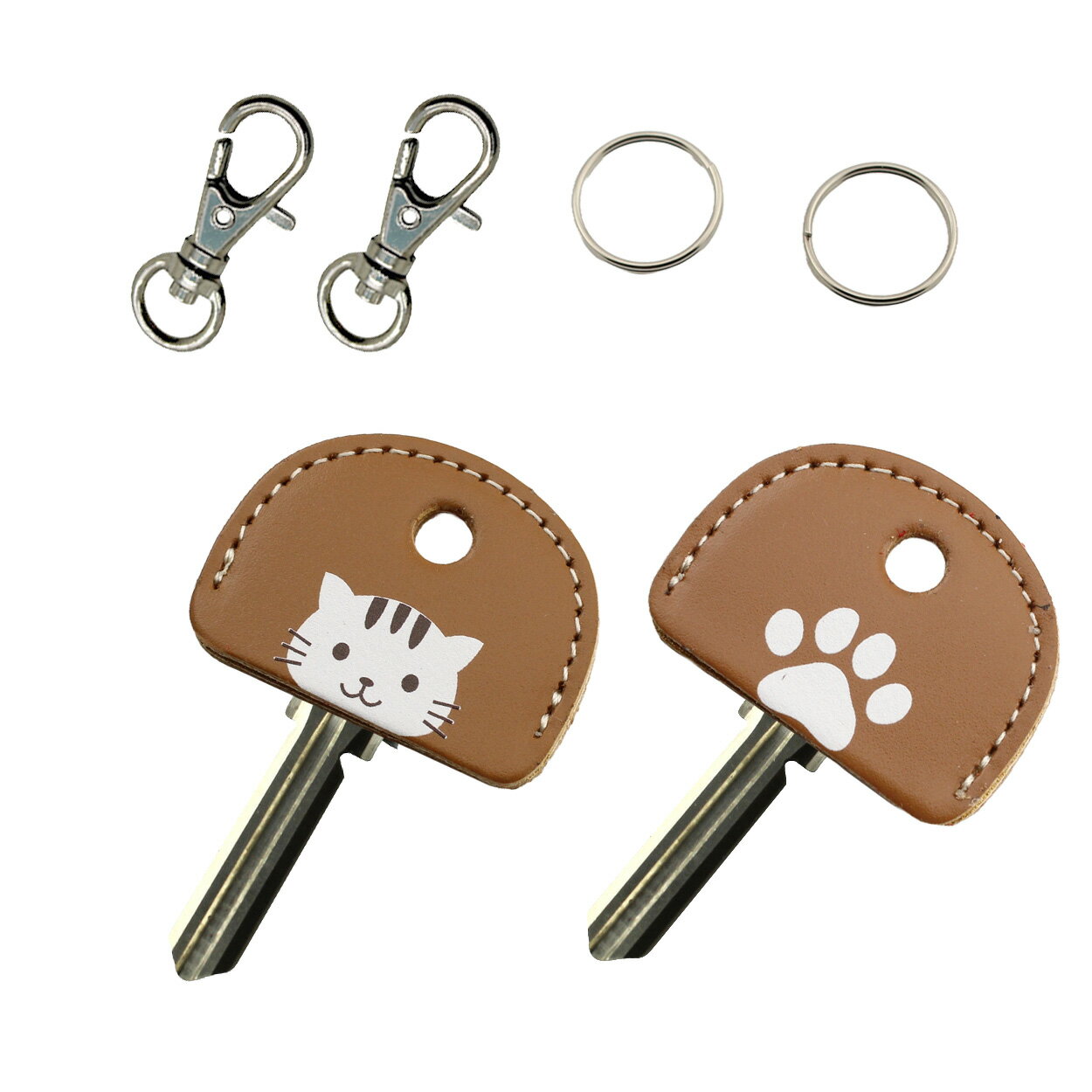【訳あり】ねこ＆足あと キャメル セット レザー キーカバー キーキャップ日本製 牛革 鍵カバー定形外郵便限定 送料無料