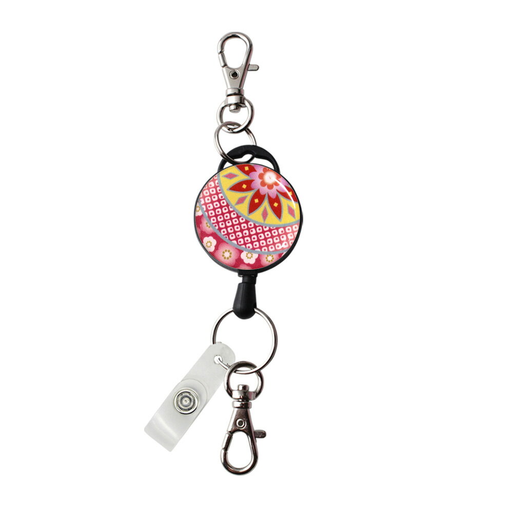 手まり 和柄 黒リールストラップ フック付きパスケース 名札 ストラップ 鍵等と一緒に定形外郵便限定 送料無料