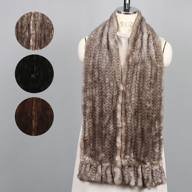 ミンク ファー ニッティング ロング マフラー ストール 太めフリンジ付 送料無料 レディース ギフト プレゼント