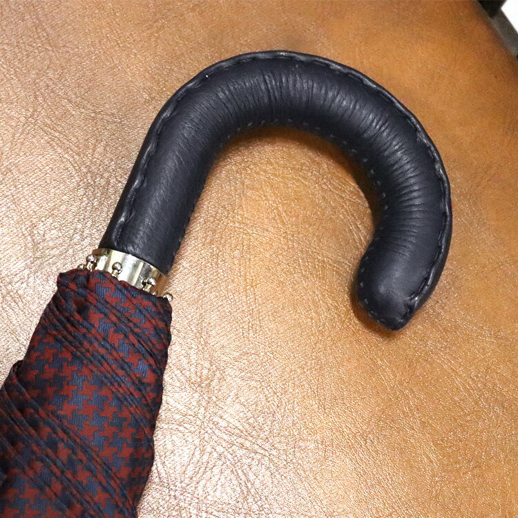 Pasotti 雨傘 折りたたみ傘 ネイビー レッド 千鳥格子 レザー ハンドル 高級傘 ジャンプ傘 頑丈 大きめサイズ イタリア製 ハンドメイド オシャレ シンプル メンズ レディース ギフト プレゼント 紳士用