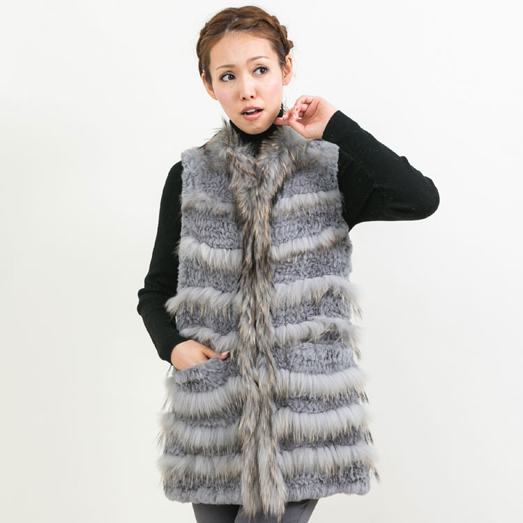 樂天商城 - ラビット ・ ラクーン ロング ファー ベスト グレー 送料無料 レディース ギフト プレゼント