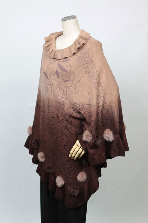 ラビット ファー ぼんぼり付 ウール・アクリル ポンチョ ベージュブラウン レディース ギフト プレゼント