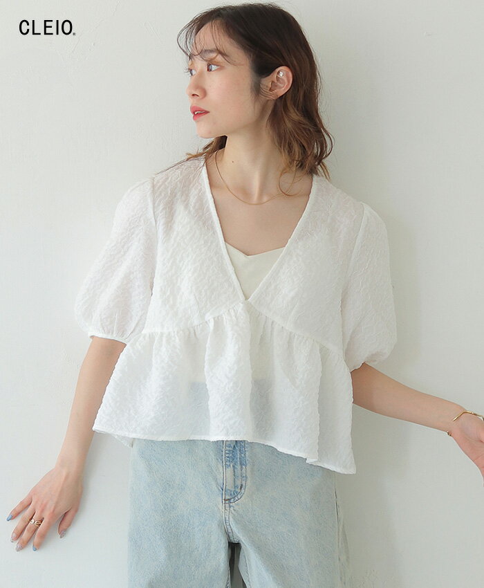 【C服袋対象】Vネック パフスリーブ ペプラム シアーブラウス トップス ブラウス レディース 五分袖 半袖 ボリューム袖 ショート丈 深Vネック 裾フレア フリル シアー シースルー きれいめ おしゃれ フェミニン 大人可愛い シアートップス 上品 ぽこぽこ オフィスのサムネイル