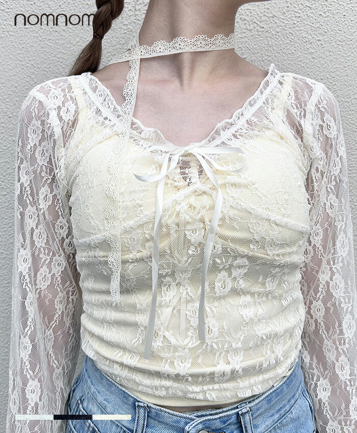 Rakuten - 【14％OFF】レースリボントップス×カップ付きキャミセット レーストップス シアートップス 総レース トップス レディース 春 夏 秋 長袖 フレアスリーブ 透け感 キャミソール付き インナー付き インナーセット リボン 可愛い ガーリー フェミニン Vネック