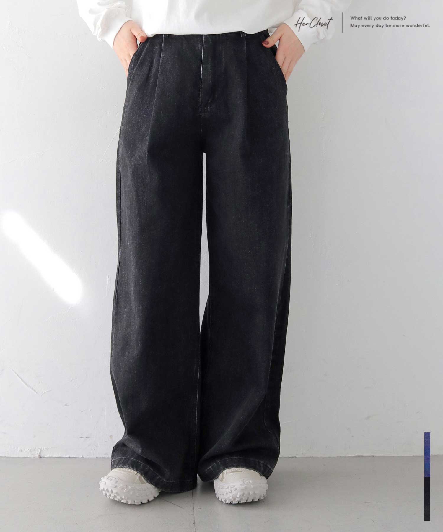 ハイウエスト タック ワイドデニムパンツ デニム パンツ ワイドパンツ フレア レディース 長め丈 ロング ゆったり ゆるダボ ゆるシルエット シンプル 大人カジュアル 大人可愛い ヴィンテージ加工 ライトデニム ブラックデニム 軽い 軽め