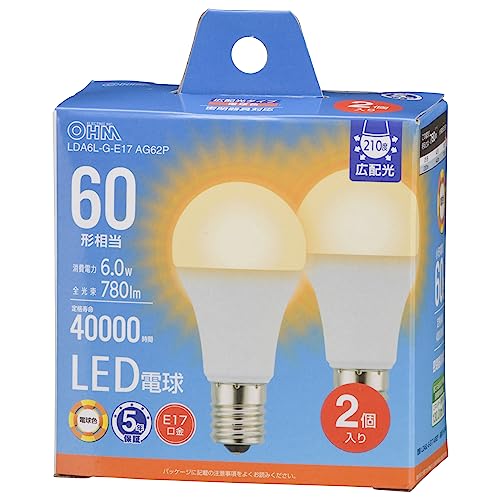 オーム電機 LED電球小形 E17 60形相当/60W相当 電球色 密閉器具対応 断熱材施工器具対応 ミニクリプトン形 5年 2個入 L 送料無料 その1