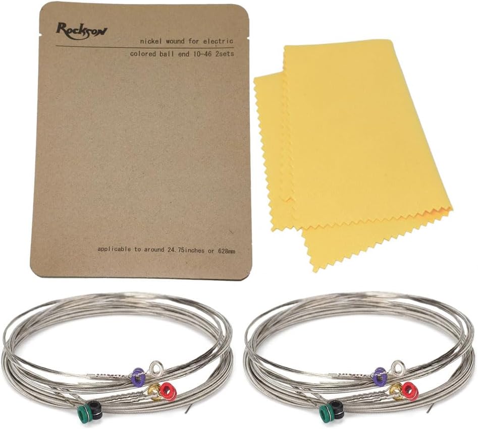 ・レスポールタイプが標準的な対象です。（ミディアムスケール：24 3/4インチ 若しくは 628mm） ・2セットパッケージです。クリーニングクロスが1枚付属します。 ・色付きのボールエンドですので、1弦と2弦など、油断していると起こる間違いを防ぎます。 ・コーテイングはされておりませんが、消耗品としてのコストを抑えることができる価格です。 ・弦を交換した時の感動は ギターを弾く方の多くが感じるものと考えております。 バリバリ交換していただきたいです。 1セット（1～6弦）ごとに密封包装されておりますので 2セットパックとしてご購入いただいても 心配なく、残りを保管していただけます。