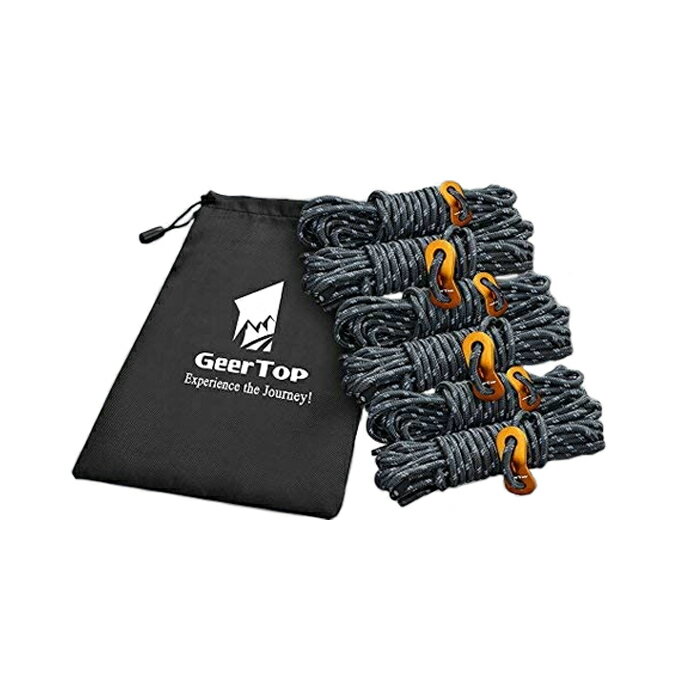 GEERTOP テントロープ パラコード ガイライン ガイドロープ タープロープ 4m 6本セット 反射材 アルミニウム自在金具 収納袋付き 耐荷重250kg キャンプ キャンプ用品 テント