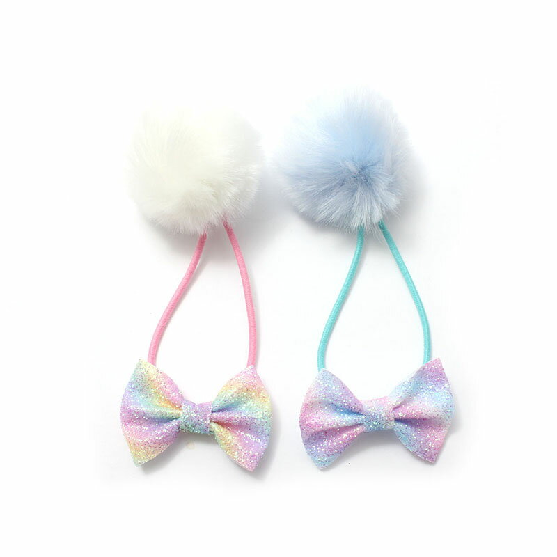 ヘアゴム フェイクファー ぼんぼん オーロラ ラメ リボン【C25-91】ヘアアクセサリー ヘアポニー クリスマス 発表会 キッズポニー ダンス