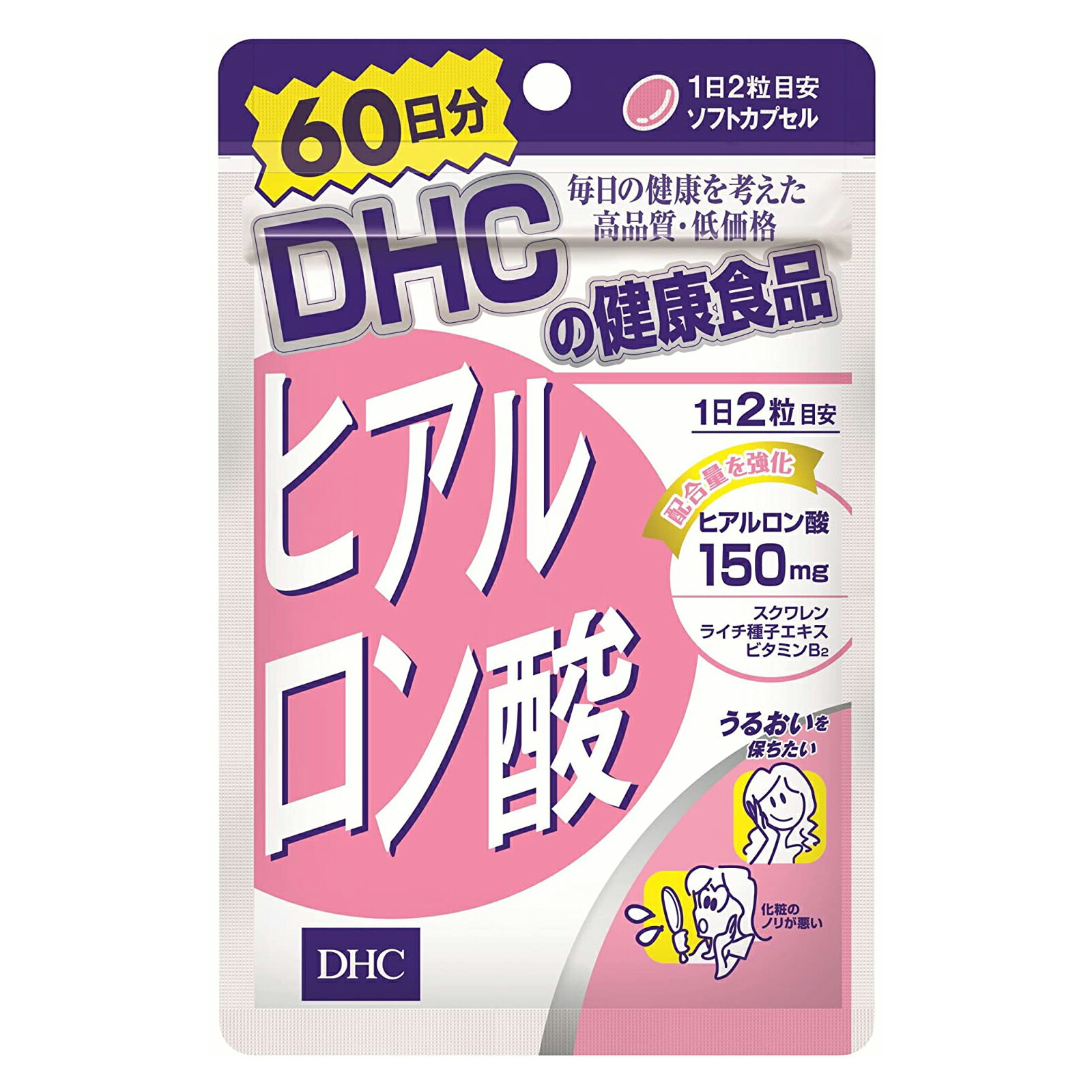 もともと体内にあって、体をみずみずしく保つはたらきをしているヒアルロン酸。 ところが年齢を重ねるにつれて生成量は減少します。 カサつき、シワ、たるみなどのトラブルが気になりはじめたら、サプリメントで内側から“うるおいの素”を補いましょう！ 『ヒアルロン酸』は、一日摂取目安量あたり150mgのヒアルロン酸を配合。 さらに、うるぷる成分を守るライチ種子エキス、外部刺激や水分蒸発を防ぐ皮脂膜成分スクワレン、コンディションを整えるビタミンB2をプラスしました。 実力派美容成分の効率補給で、みずみずしくハリのある美しさを内側からサポートします。 ※水またはぬるま湯でお召し上がりください。 ※原料の性質上、色調に若干差が生じる場合がありますが、品質に問題はありません。 成分・原材料 【名称】ヒアルロン酸含有食品 【原材料名】スクワレン（国内製造）、オリーブ油、ライチ種子エキス末/ゼラチン、ヒアルロン酸、グリセリン、ミツロウ、グリセリン脂肪酸エステル、レシチン（大豆由来）、ビタミンB2 【内容量】19.8g［1粒重量330mg（1粒内容量200mg）×60粒］ 【栄養成分表示［2粒660mgあたり］】熱量3.8kcal、たんぱく質0.24g、脂質0.27g、炭水化物0.10g、食塩相当量0.002g、ビタミンB2 2.0mg、ヒアルロン酸150mg、スクワレン170mg、ライチ種子エキス末10mg